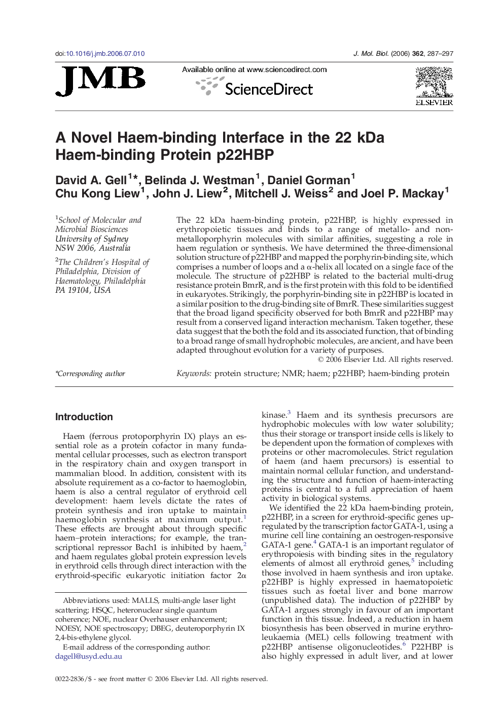 A Novel Haem-binding Interface in the 22 kDa Haem-binding Protein p22HBP