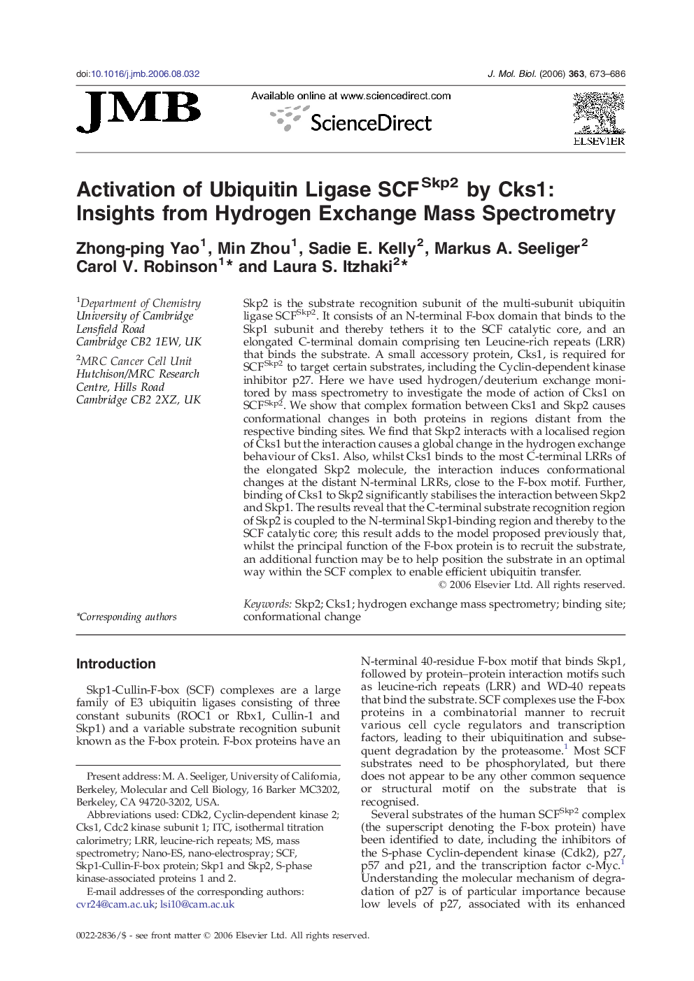 Activation of Ubiquitin Ligase SCFSkp2 by Cks1: Insights from Hydrogen Exchange Mass Spectrometry