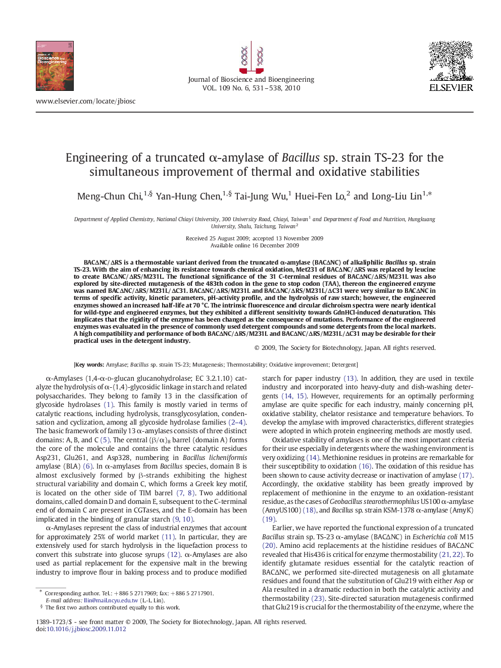 Engineering of a truncated α-amylase of Bacillus sp. strain TS-23 for the simultaneous improvement of thermal and oxidative stabilities