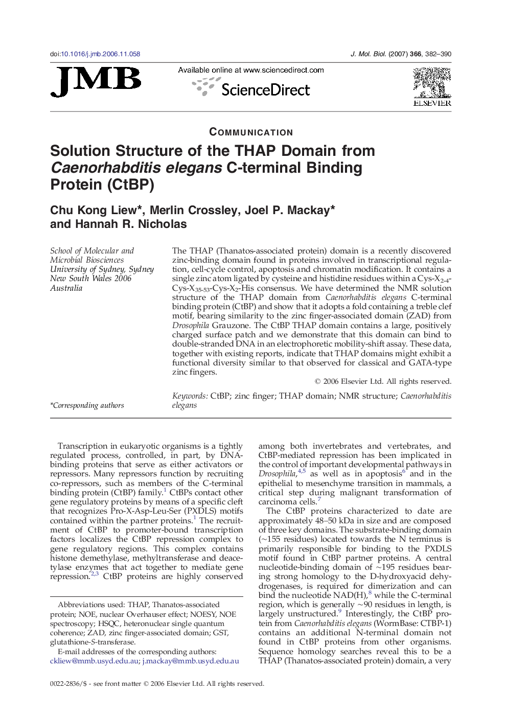 Solution Structure of the THAP Domain from Caenorhabditis elegans C-terminal Binding Protein (CtBP)