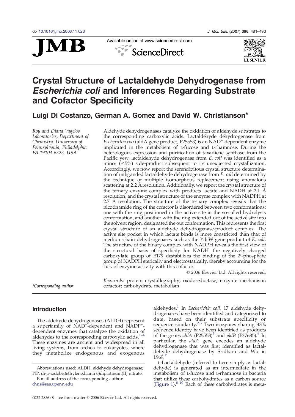 Crystal Structure of Lactaldehyde Dehydrogenase from Escherichia coli and Inferences Regarding Substrate and Cofactor Specificity