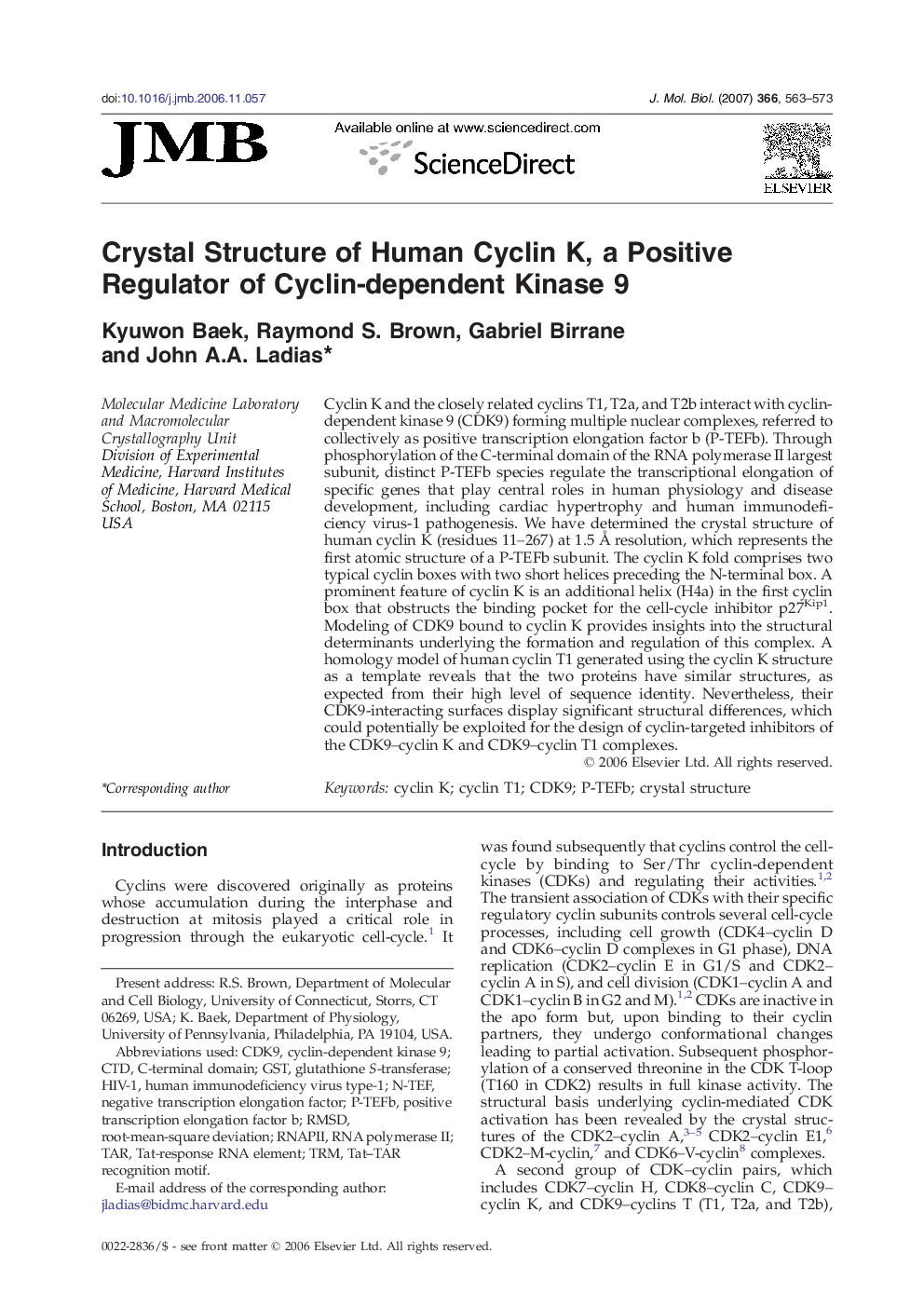 Crystal Structure of Human Cyclin K, a Positive Regulator of Cyclin-dependent Kinase 9