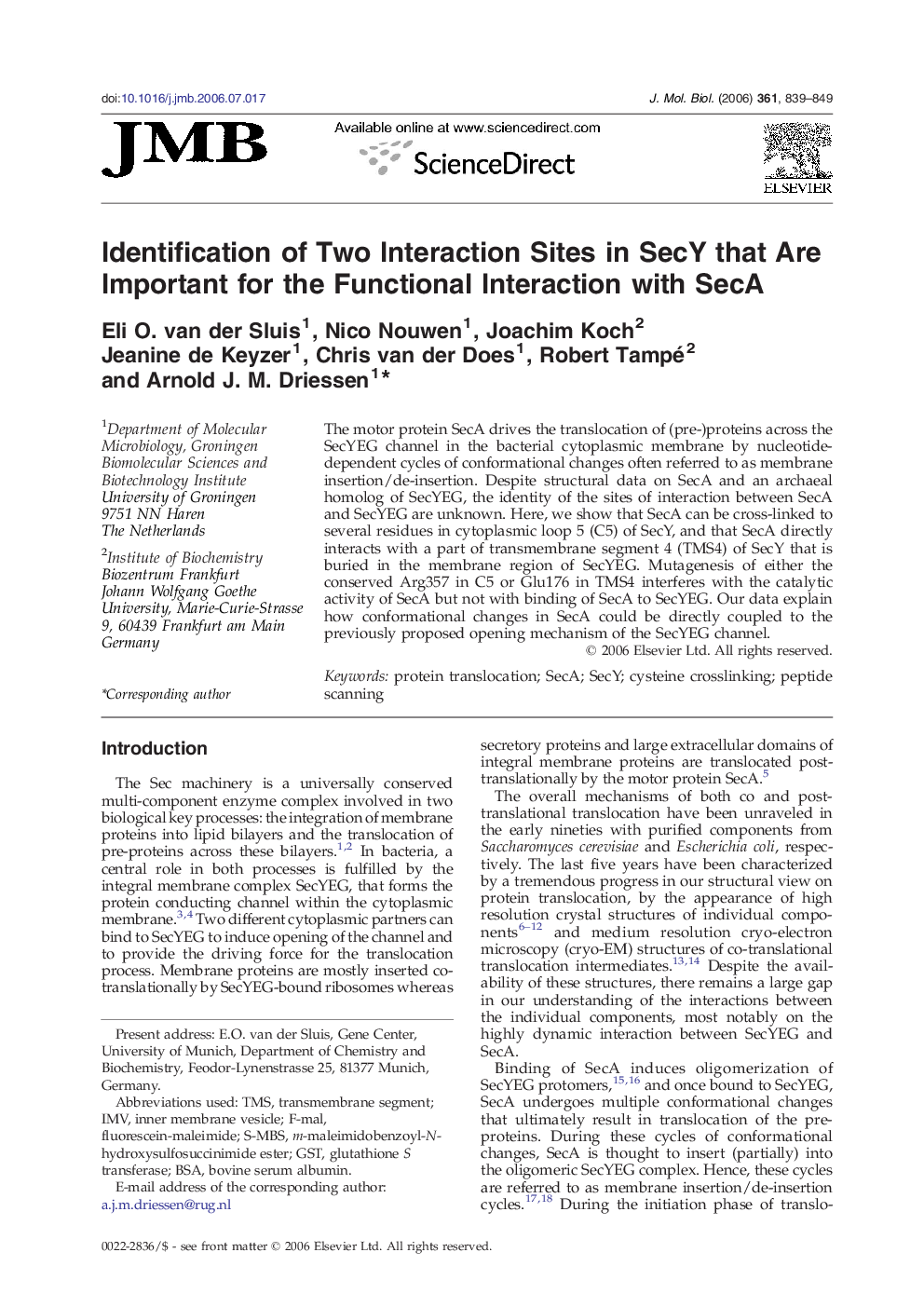 Identification of Two Interaction Sites in SecY that Are Important for the Functional Interaction with SecA