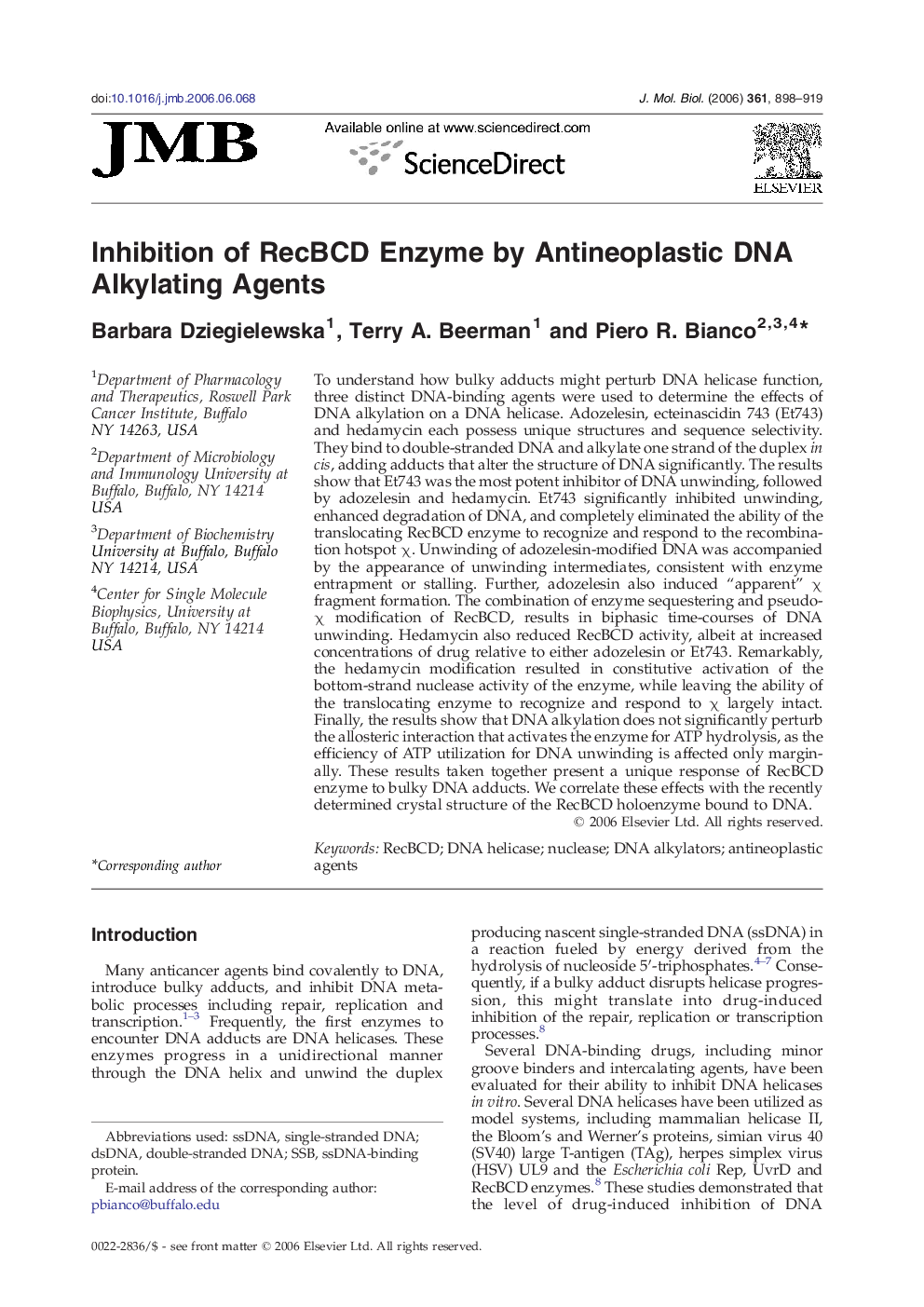 Inhibition of RecBCD Enzyme by Antineoplastic DNA Alkylating Agents