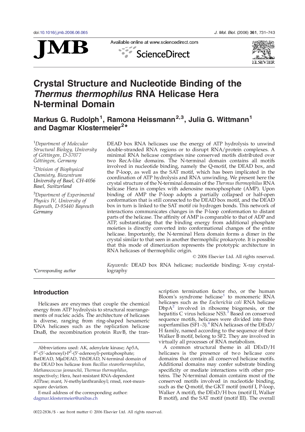 Crystal Structure and Nucleotide Binding of the Thermus thermophilus RNA Helicase Hera N-terminal Domain