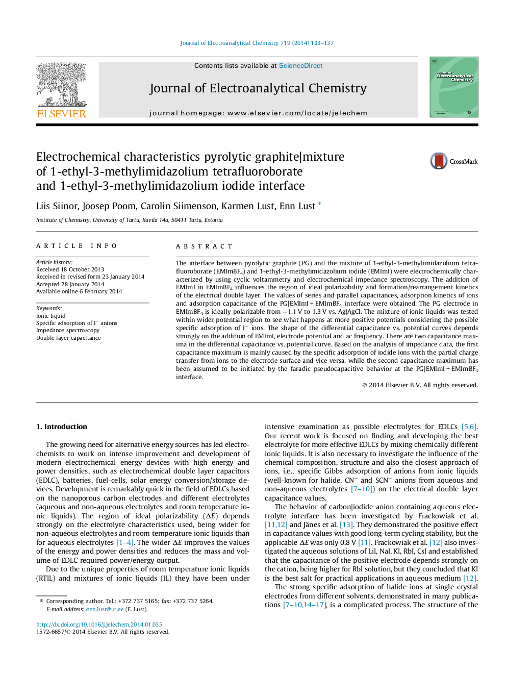 Electrochemical characteristics pyrolytic graphite|mixture of 1-ethyl-3-methylimidazolium tetrafluoroborate and 1-ethyl-3-methylimidazolium iodide interface