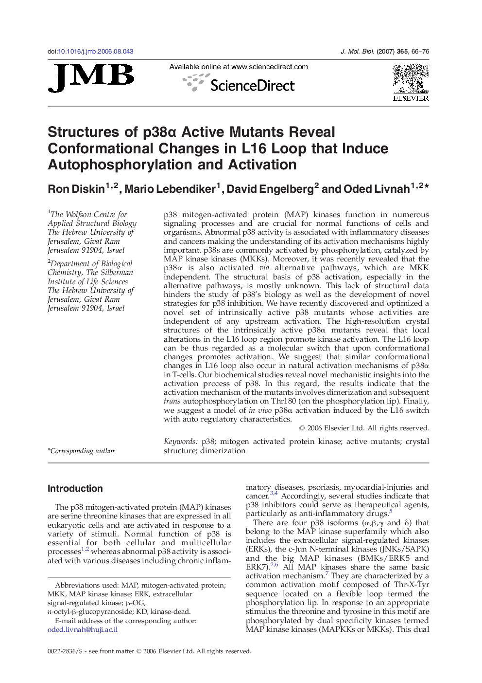 Structures of p38α Active Mutants Reveal Conformational Changes in L16 Loop that Induce Autophosphorylation and Activation