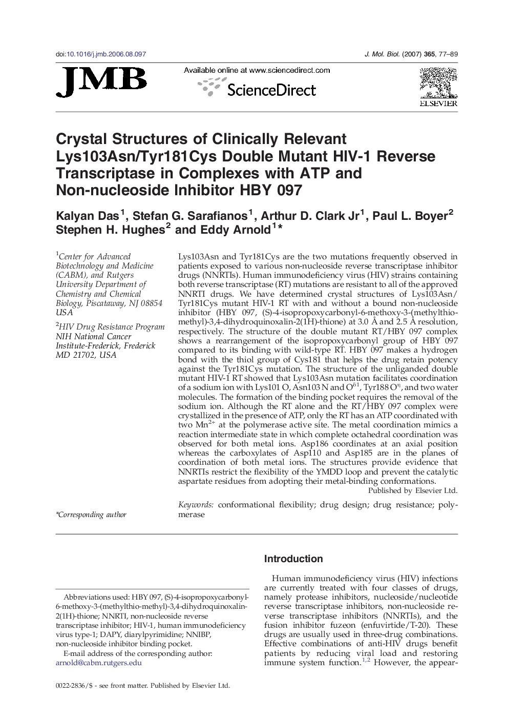 Crystal Structures of Clinically Relevant Lys103Asn/Tyr181Cys Double Mutant HIV-1 Reverse Transcriptase in Complexes with ATP and Non-nucleoside Inhibitor HBY 097