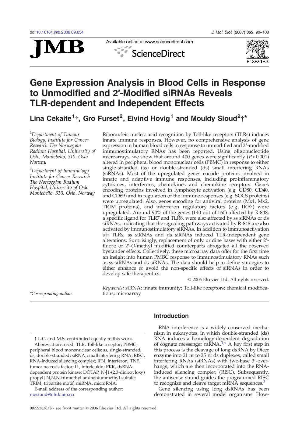 Gene Expression Analysis in Blood Cells in Response to Unmodified and 2′-Modified siRNAs Reveals TLR-dependent and Independent Effects