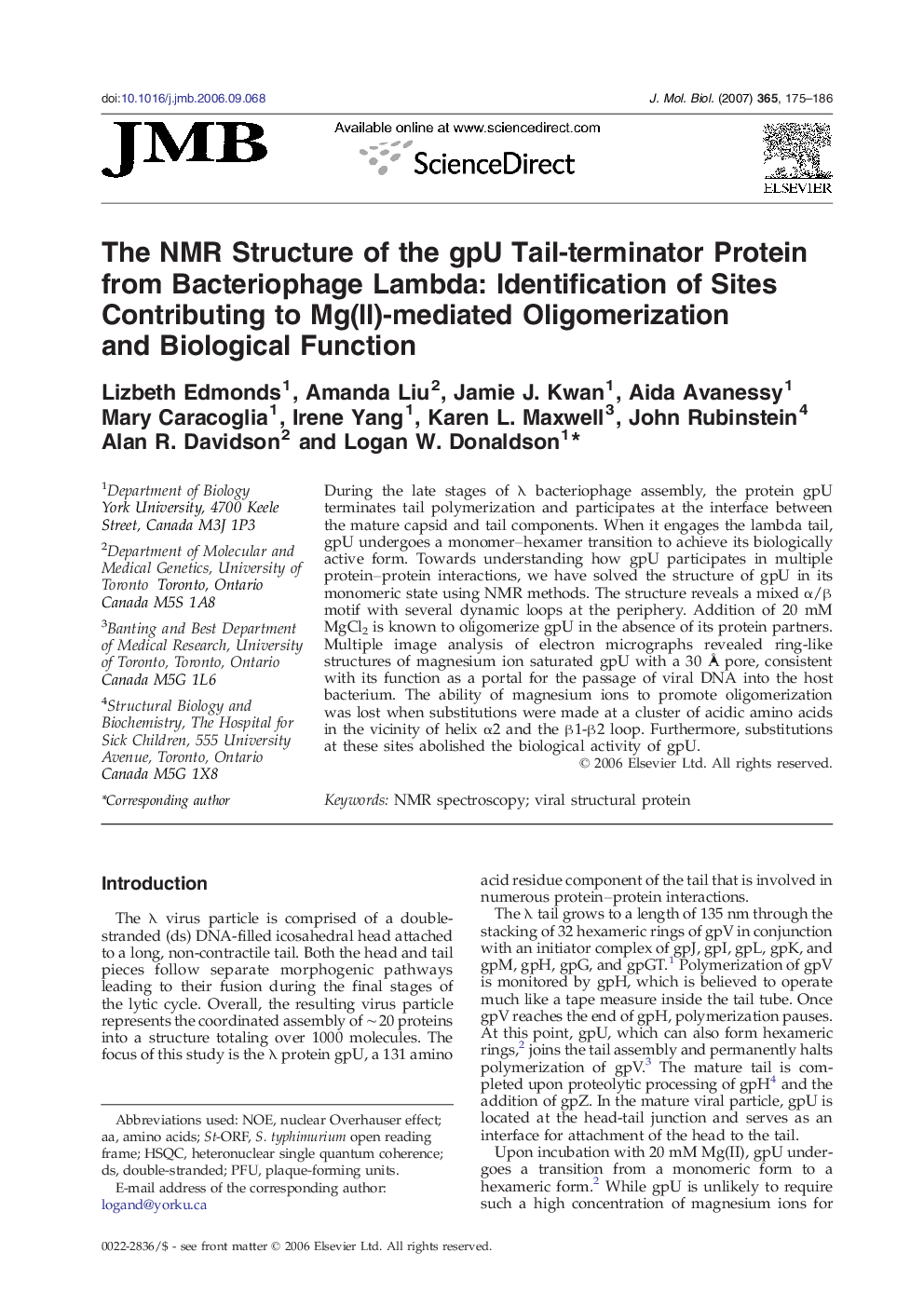 The NMR Structure of the gpU Tail-terminator Protein from Bacteriophage Lambda: Identification of Sites Contributing to Mg(II)-mediated Oligomerization and Biological Function