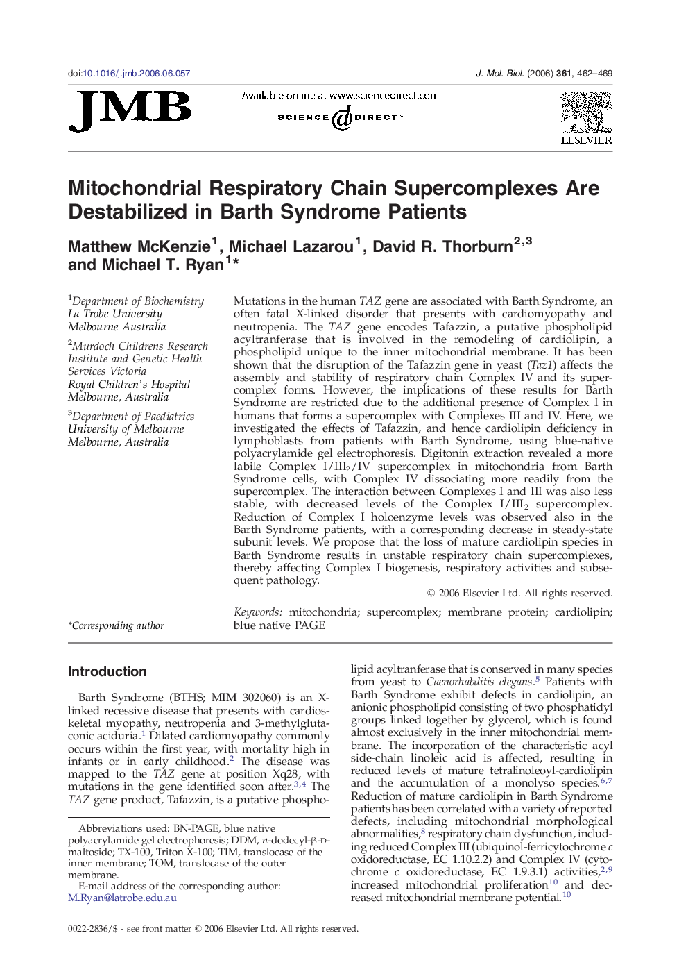 Mitochondrial Respiratory Chain Supercomplexes Are Destabilized in Barth Syndrome Patients