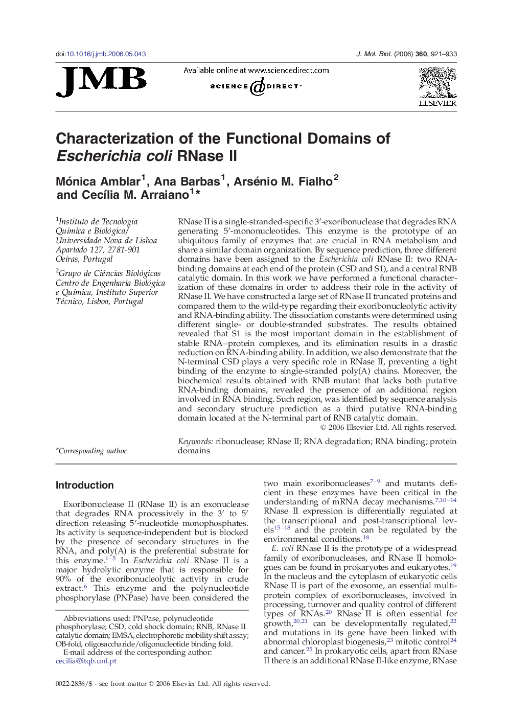 Characterization of the Functional Domains of Escherichia coli RNase II