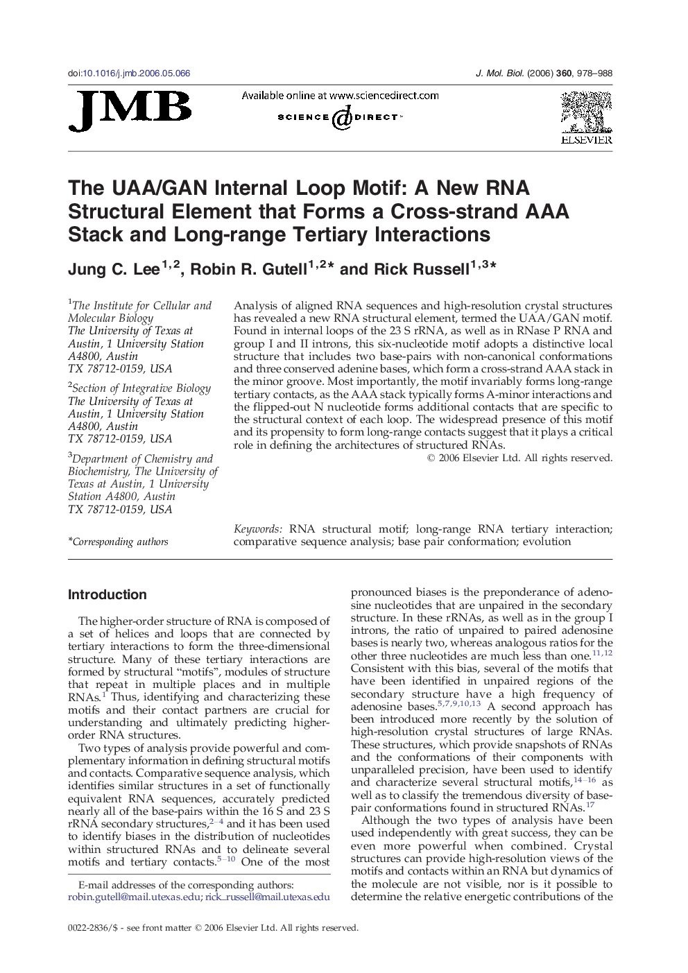 The UAA/GAN Internal Loop Motif: A New RNA Structural Element that Forms a Cross-strand AAA Stack and Long-range Tertiary Interactions