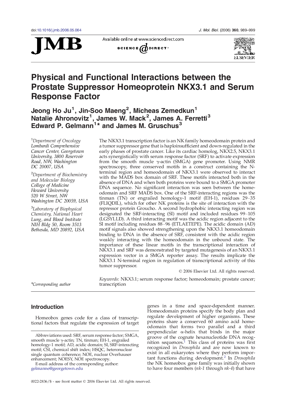 Physical and Functional Interactions between the Prostate Suppressor Homeoprotein NKX3.1 and Serum Response Factor