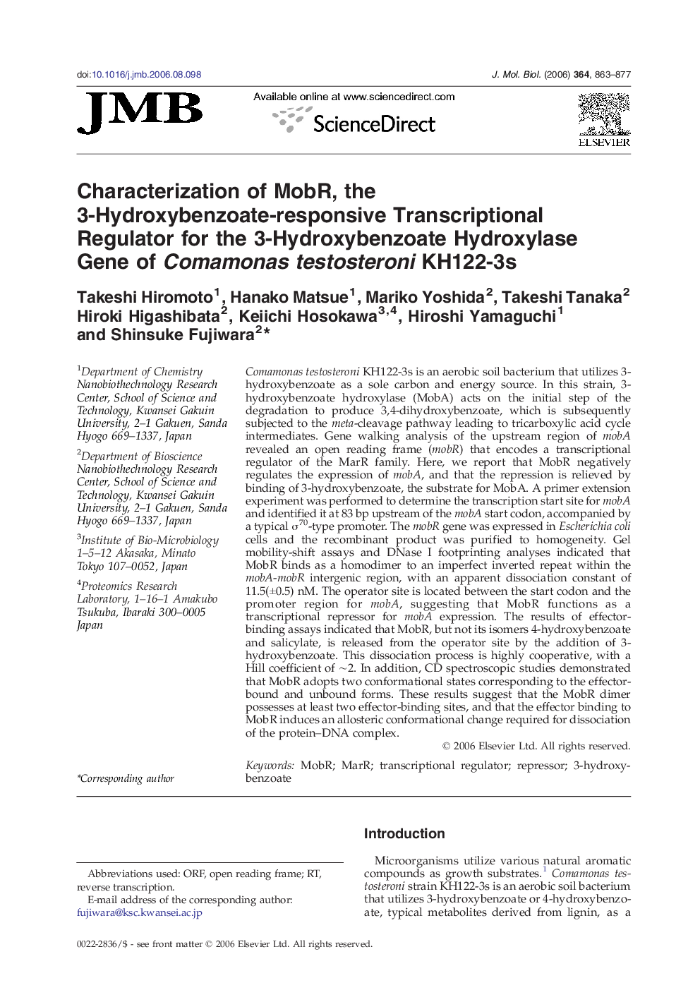 Characterization of MobR, the 3-Hydroxybenzoate-responsive Transcriptional Regulator for the 3-Hydroxybenzoate Hydroxylase Gene of Comamonas testosteroni KH122-3s