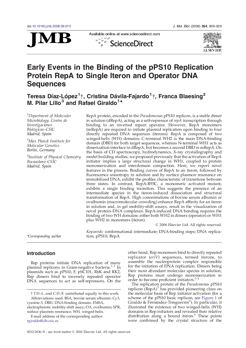 Early Events in the Binding of the pPS10 Replication Protein RepA to Single Iteron and Operator DNA Sequences