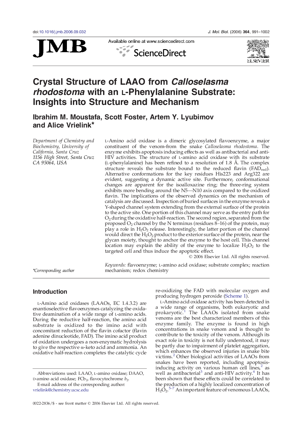 Crystal Structure of LAAO from Calloselasma rhodostoma with an l-Phenylalanine Substrate: Insights into Structure and Mechanism