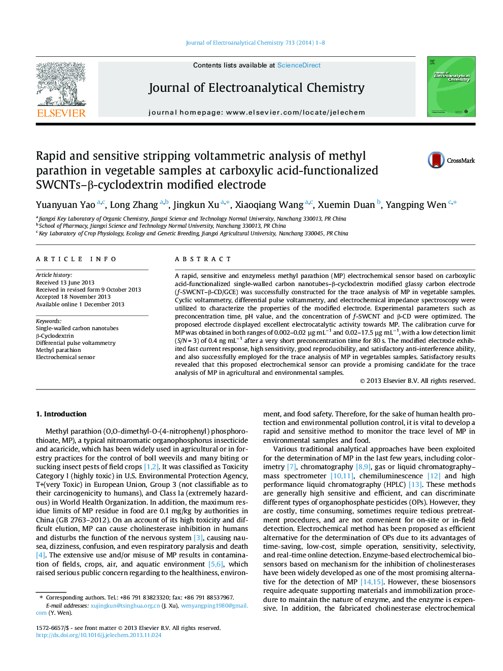 عکس صفحه اول مقاله: Rapid and sensitive stripping voltammetric analysis of methyl parathion in vegetable samples at carboxylic acid-functionalized SWCNTs–β-cyclodextrin modified electrode Rapid and sensitive stripping voltammetric analysis of methyl parathion in vegetable samples at carboxylic acid-functionalized SWCNTs–β-cyclodextrin modified electrode