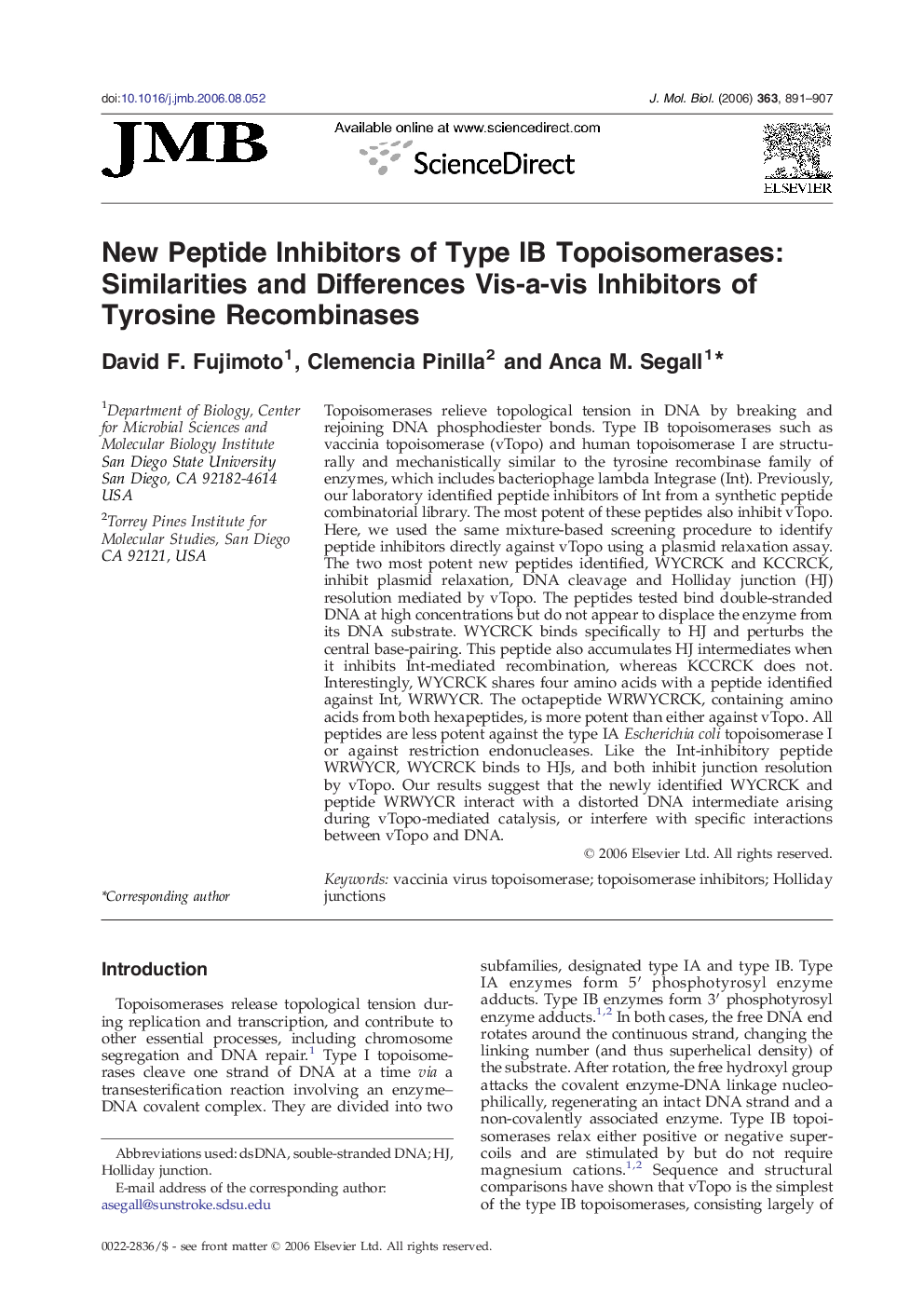 New Peptide Inhibitors of Type IB Topoisomerases: Similarities and Differences Vis-a-vis Inhibitors of Tyrosine Recombinases