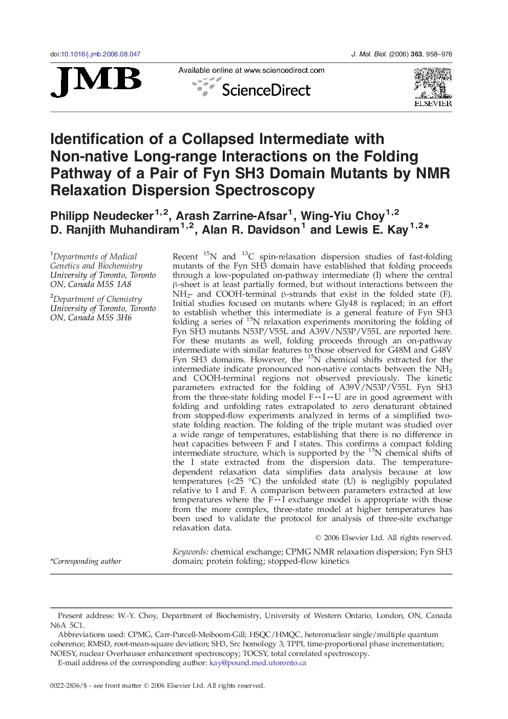 Identification of a Collapsed Intermediate with Non-native Long-range Interactions on the Folding Pathway of a Pair of Fyn SH3 Domain Mutants by NMR Relaxation Dispersion Spectroscopy