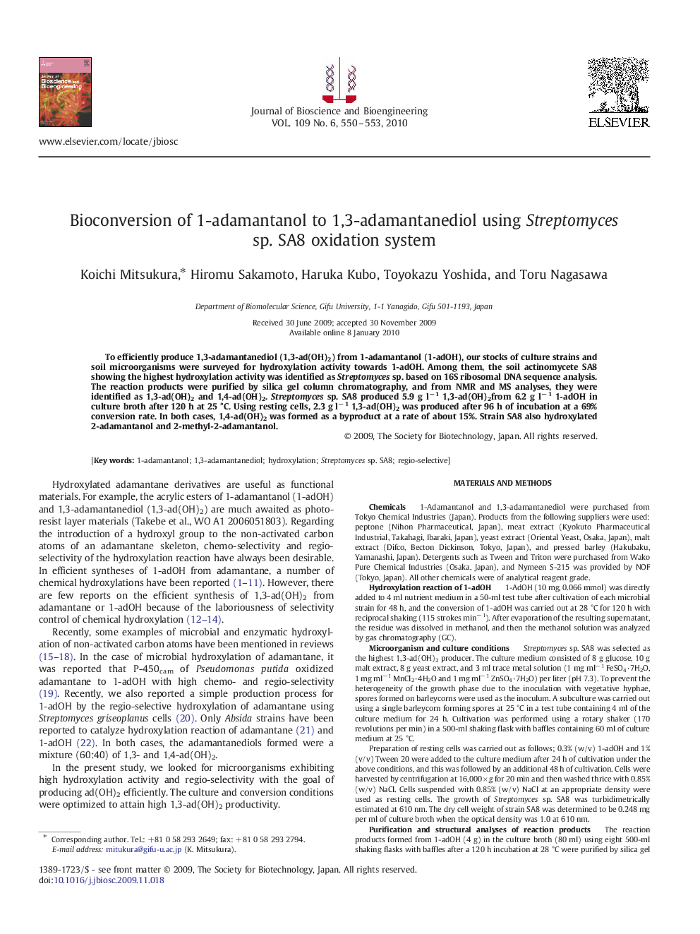 Bioconversion of 1-adamantanol to 1,3-adamantanediol using Streptomyces sp. SA8 oxidation system