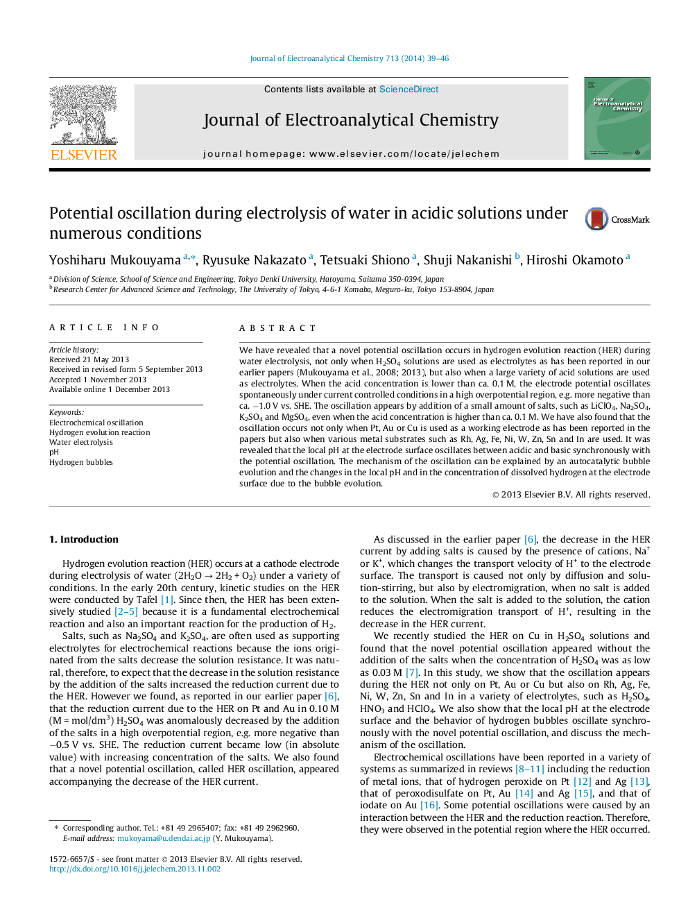 Potential oscillation during electrolysis of water in acidic solutions under numerous conditions