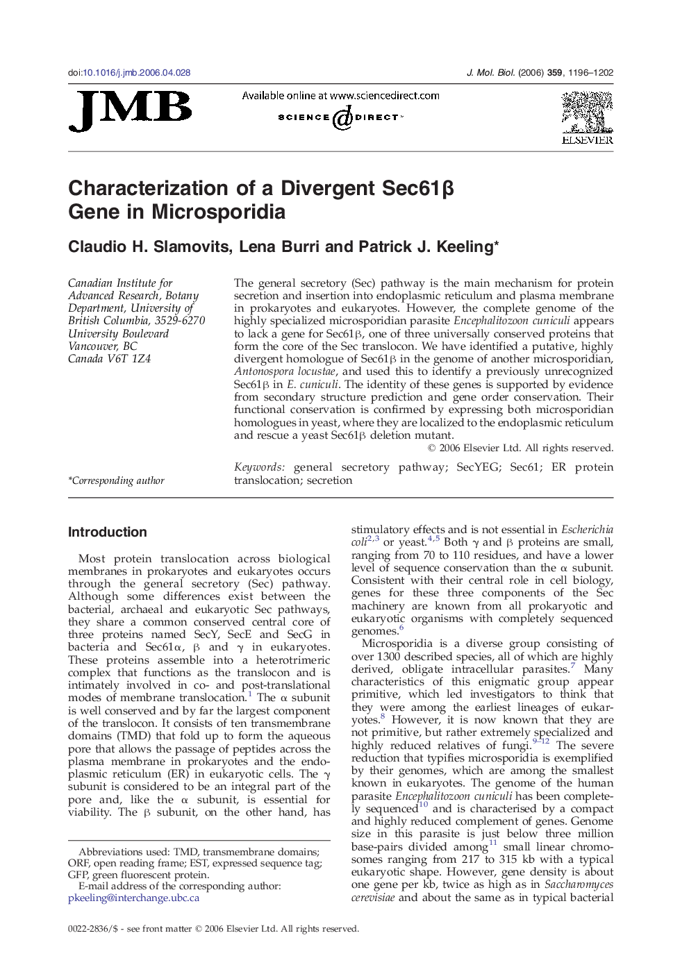 Characterization of a Divergent Sec61β Gene in Microsporidia