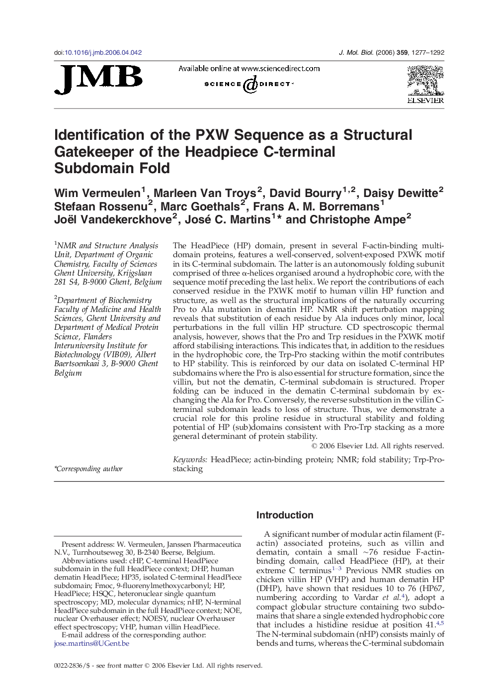 Identification of the PXW Sequence as a Structural Gatekeeper of the Headpiece C-terminal Subdomain Fold