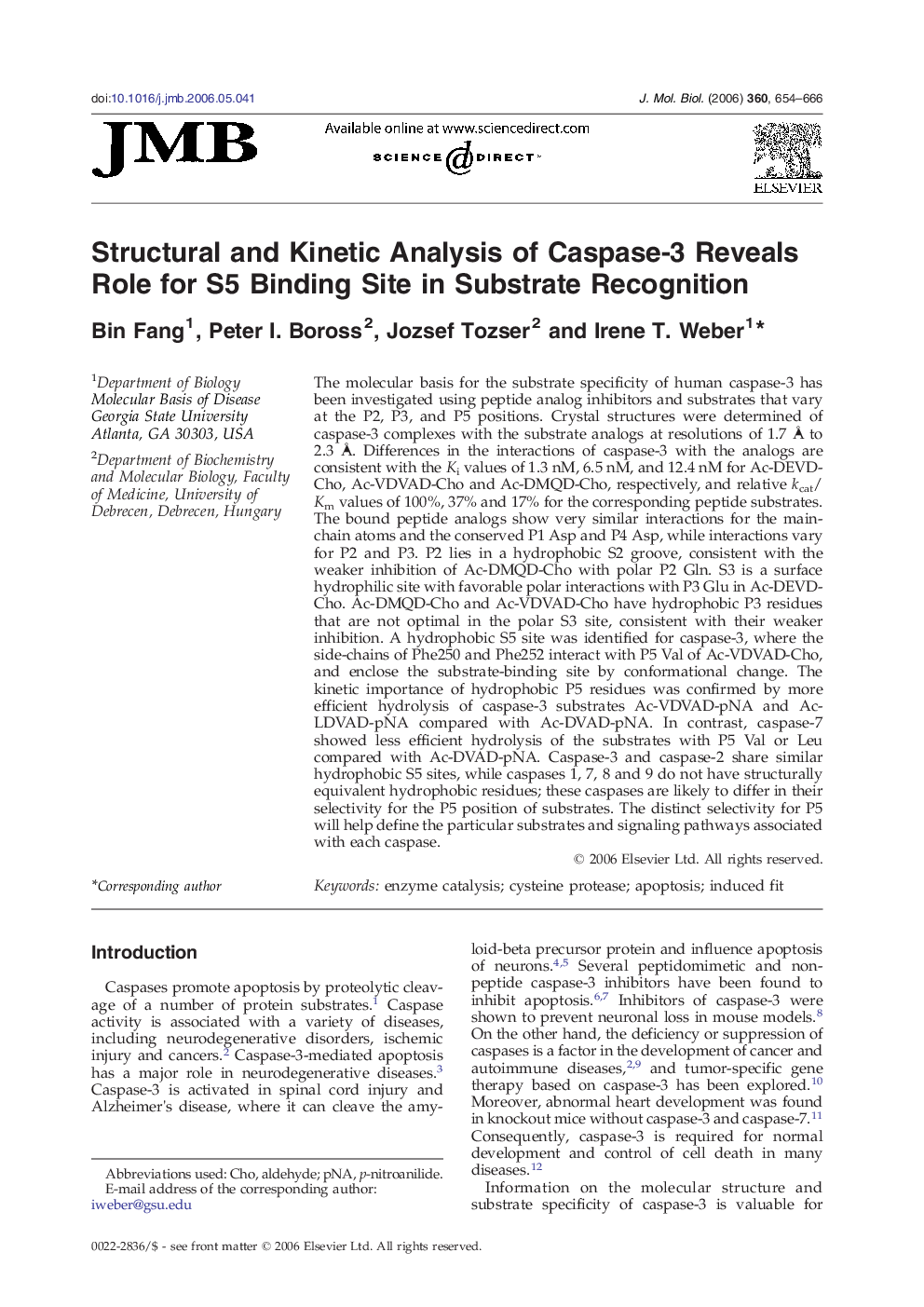 Structural and Kinetic Analysis of Caspase-3 Reveals Role for S5 Binding Site in Substrate Recognition