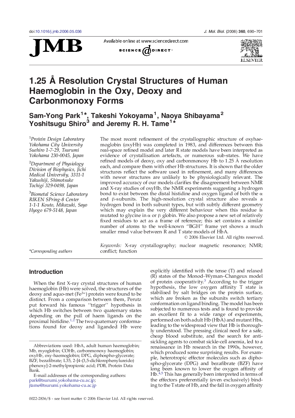 1.25 Å Resolution Crystal Structures of Human Haemoglobin in the Oxy, Deoxy and Carbonmonoxy Forms
