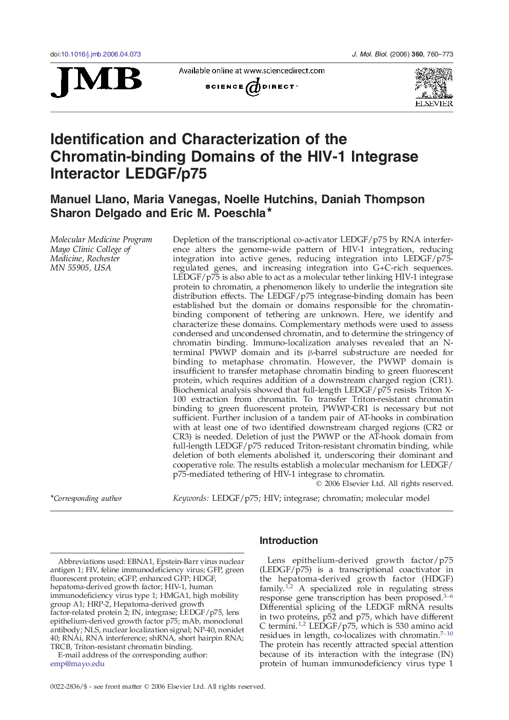 Identification and Characterization of the Chromatin-binding Domains of the HIV-1 Integrase Interactor LEDGF/p75