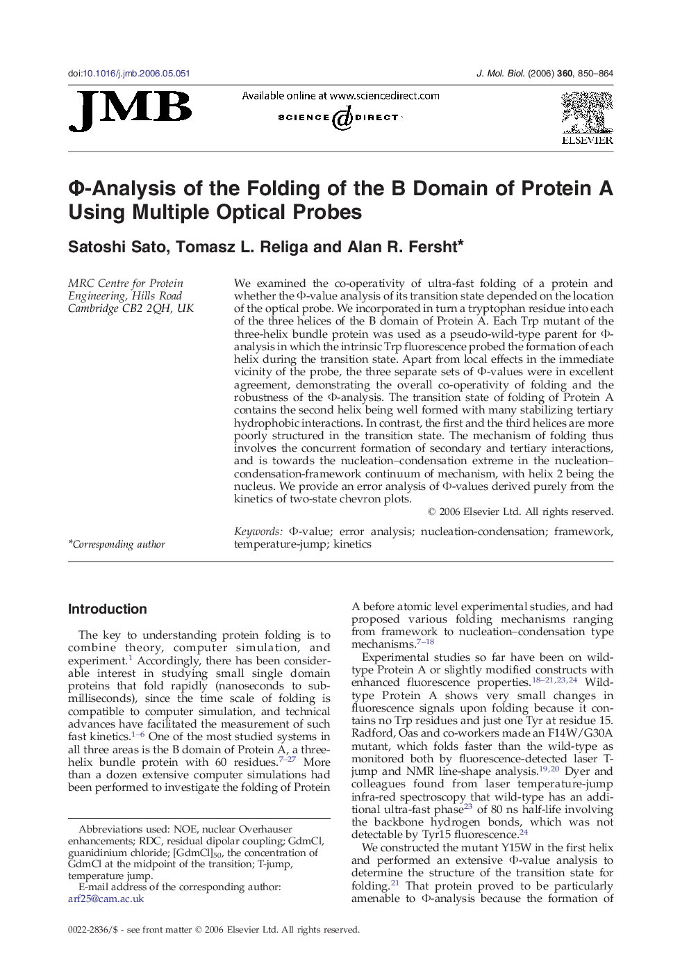 Φ-Analysis of the Folding of the B Domain of Protein A Using Multiple Optical Probes