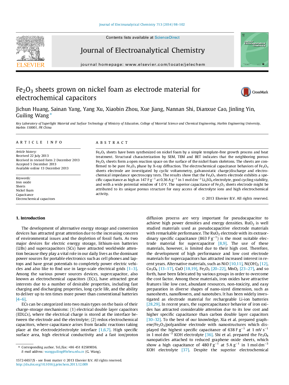 Fe2O3 sheets grown on nickel foam as electrode material for electrochemical capacitors