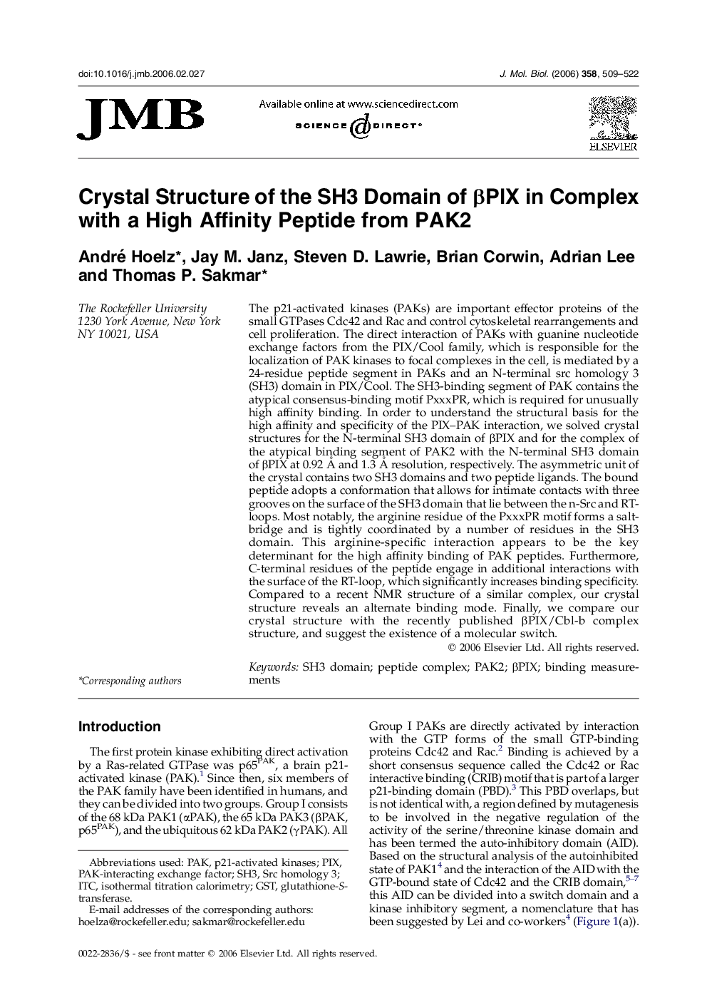 Crystal Structure of the SH3 Domain of βPIX in Complex with a High Affinity Peptide from PAK2