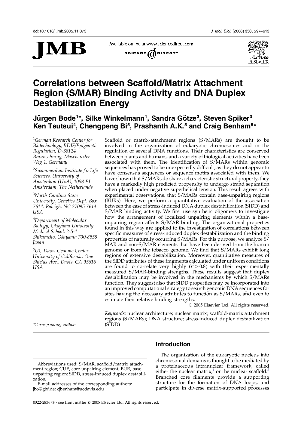 Correlations between Scaffold/Matrix Attachment Region (S/MAR) Binding Activity and DNA Duplex Destabilization Energy