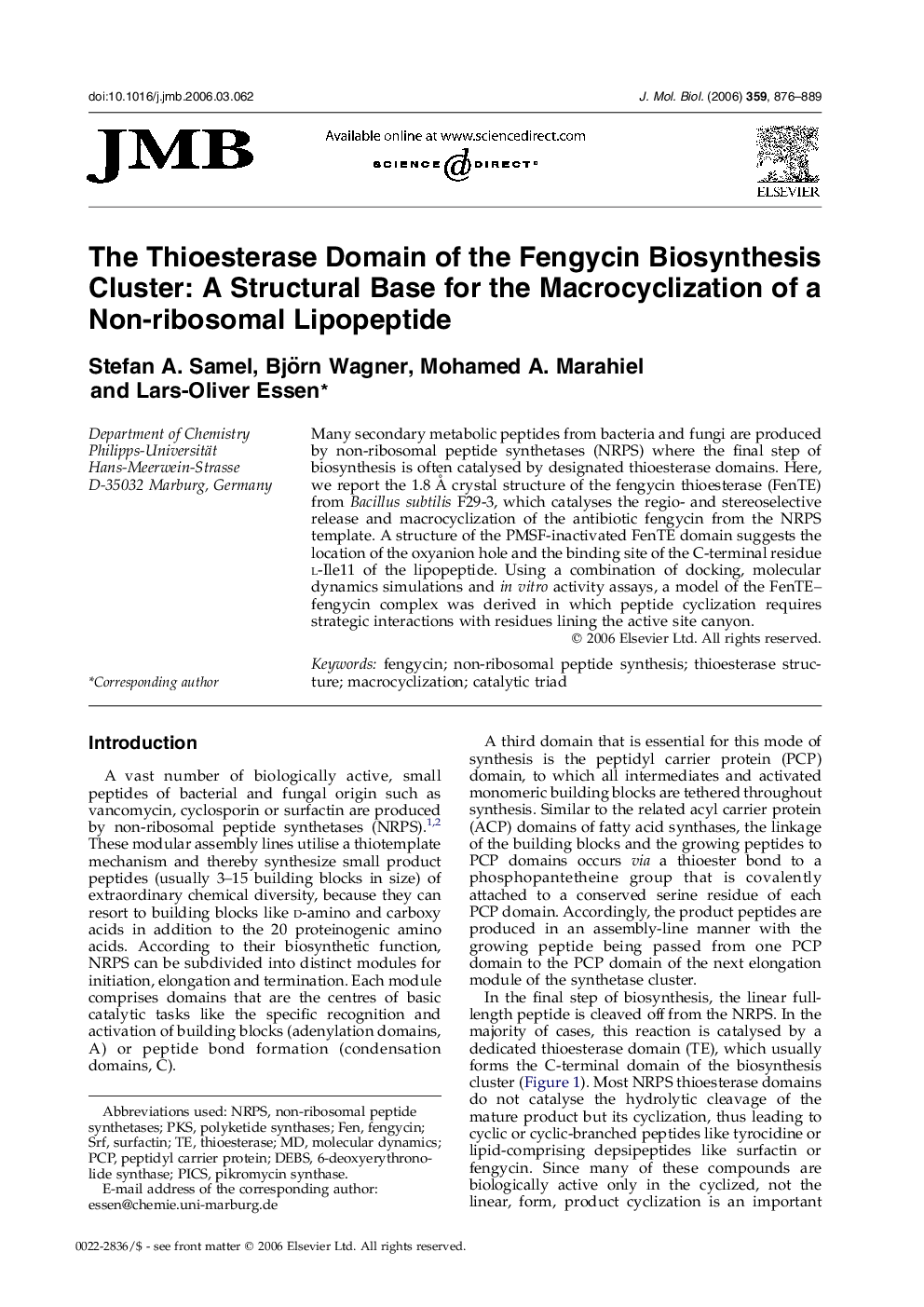 The Thioesterase Domain of the Fengycin Biosynthesis Cluster: A Structural Base for the Macrocyclization of a Non-ribosomal Lipopeptide