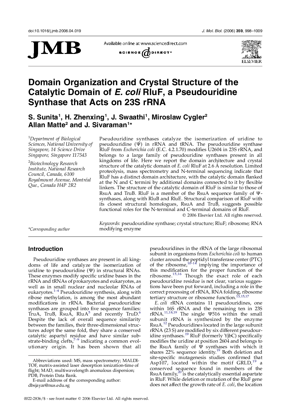 Domain Organization and Crystal Structure of the Catalytic Domain of E. coli RluF, a Pseudouridine Synthase that Acts on 23S rRNA