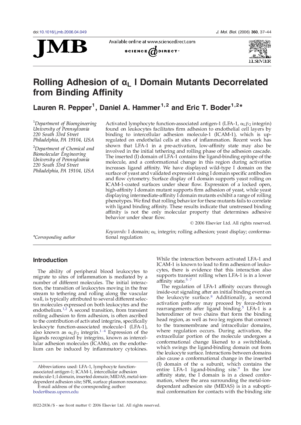 Rolling Adhesion of αL I Domain Mutants Decorrelated from Binding Affinity