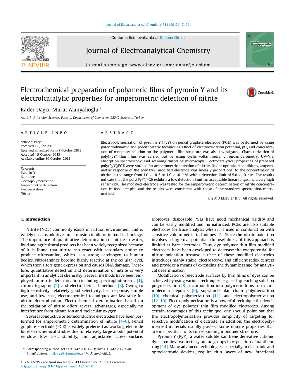 Electrochemical preparation of polymeric films of pyronin Y and its electrolcatalytic properties for amperometric detection of nitrite