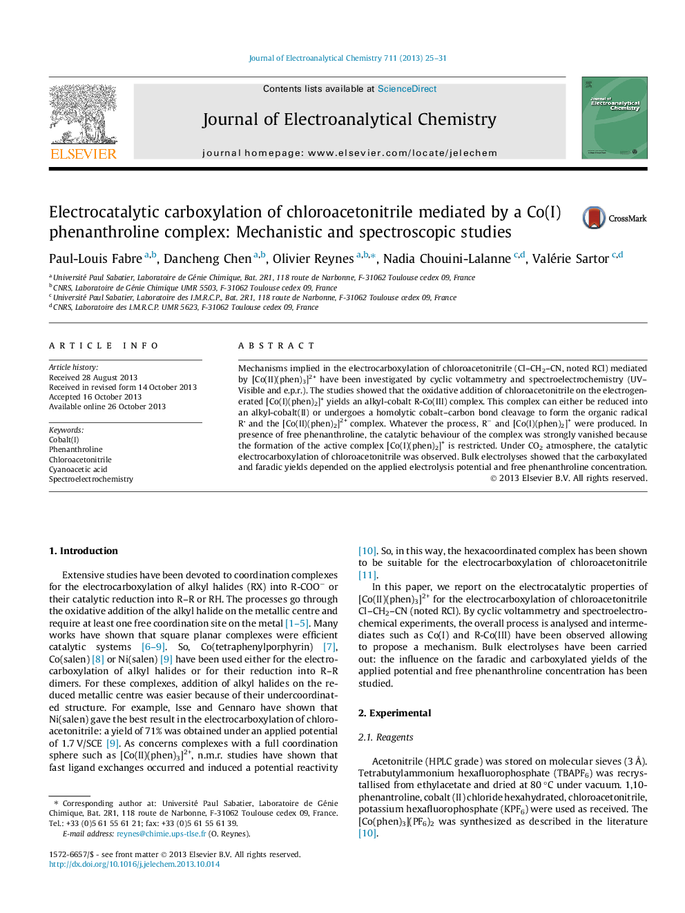 Electrocatalytic carboxylation of chloroacetonitrile mediated by a Co(I) phenanthroline complex: Mechanistic and spectroscopic studies