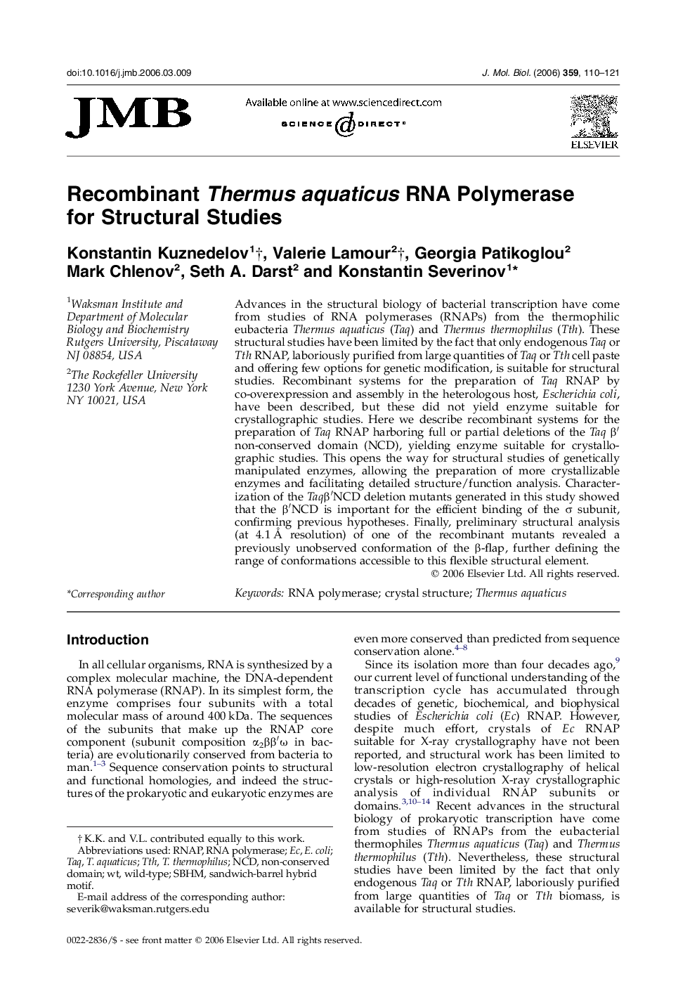 Recombinant Thermus aquaticus RNA Polymerase for Structural Studies