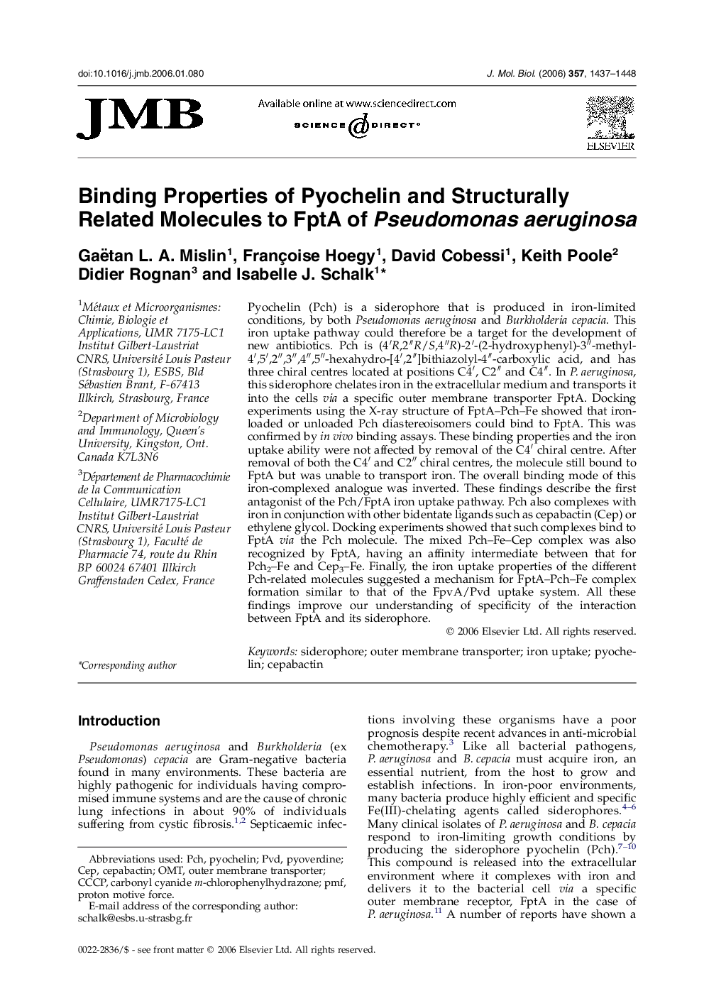 Binding Properties of Pyochelin and Structurally Related Molecules to FptA of Pseudomonas aeruginosa