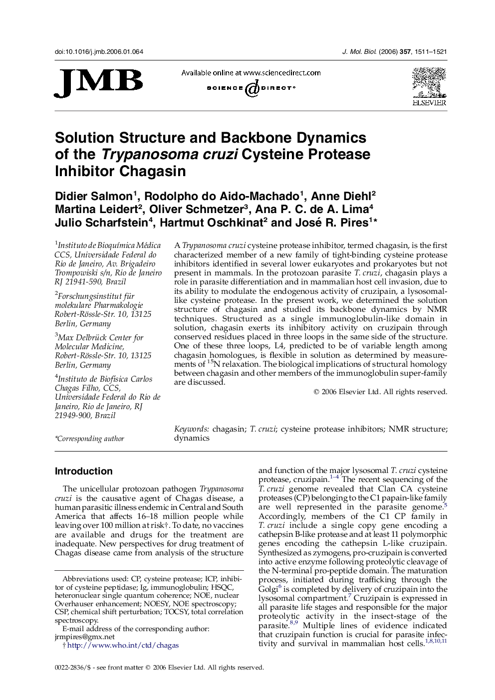 Solution Structure and Backbone Dynamics of the Trypanosoma cruzi Cysteine Protease Inhibitor Chagasin