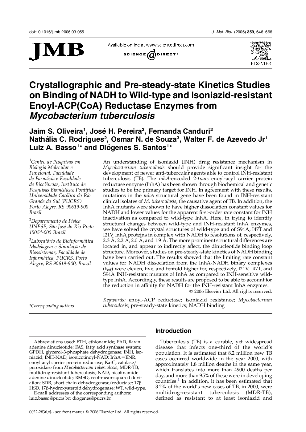 Crystallographic and Pre-steady-state Kinetics Studies on Binding of NADH to Wild-type and Isoniazid-resistant Enoyl-ACP(CoA) Reductase Enzymes from Mycobacterium tuberculosis