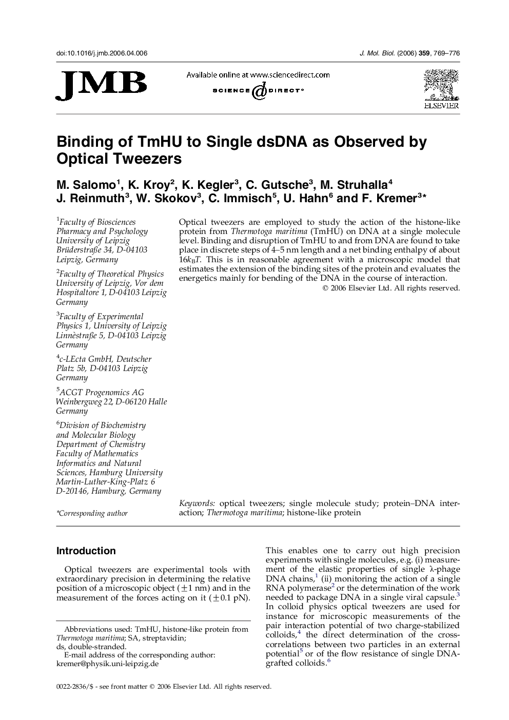 Binding of TmHU to Single dsDNA as Observed by Optical Tweezers