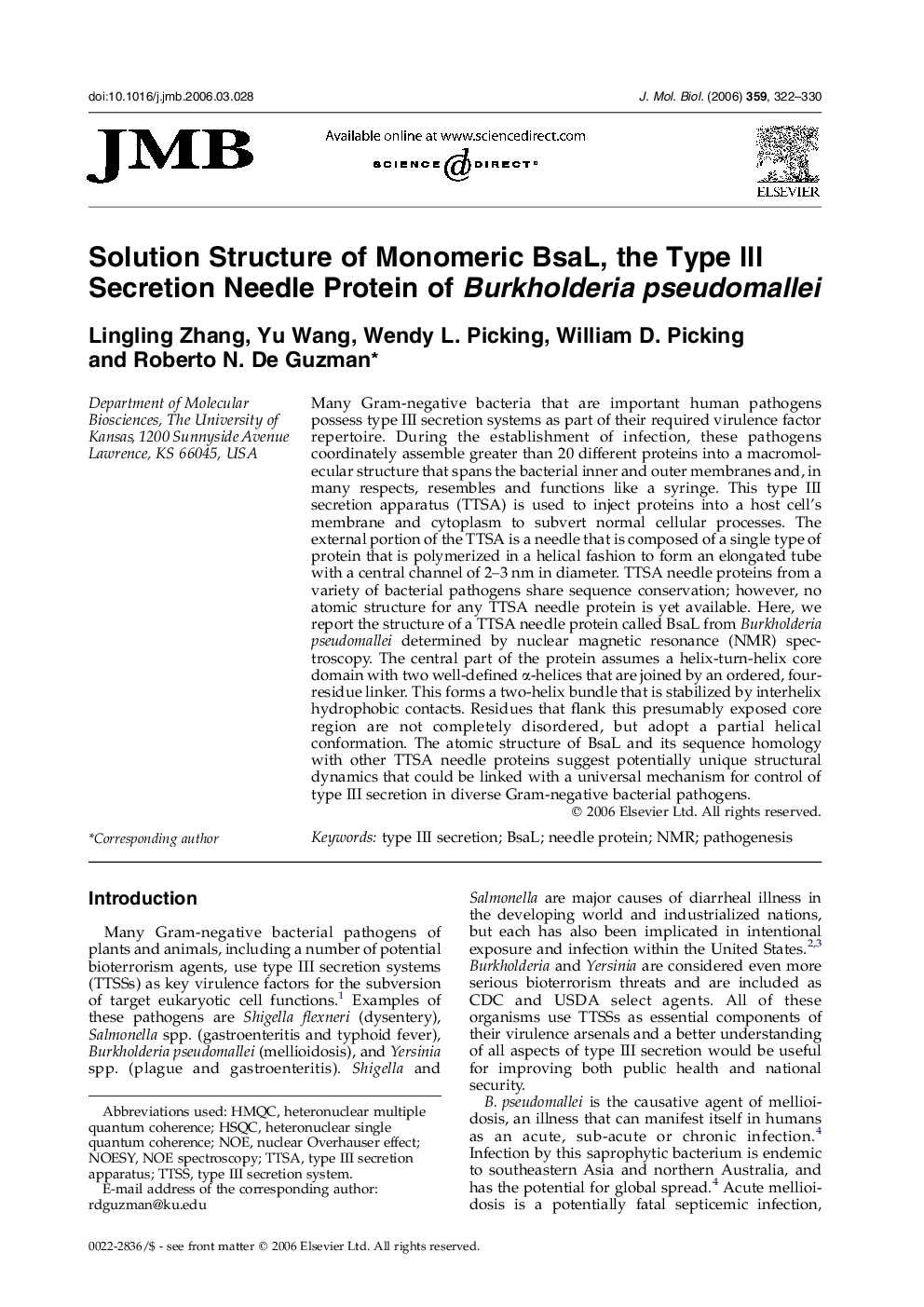 Solution Structure of Monomeric BsaL, the Type III Secretion Needle Protein of Burkholderia pseudomallei