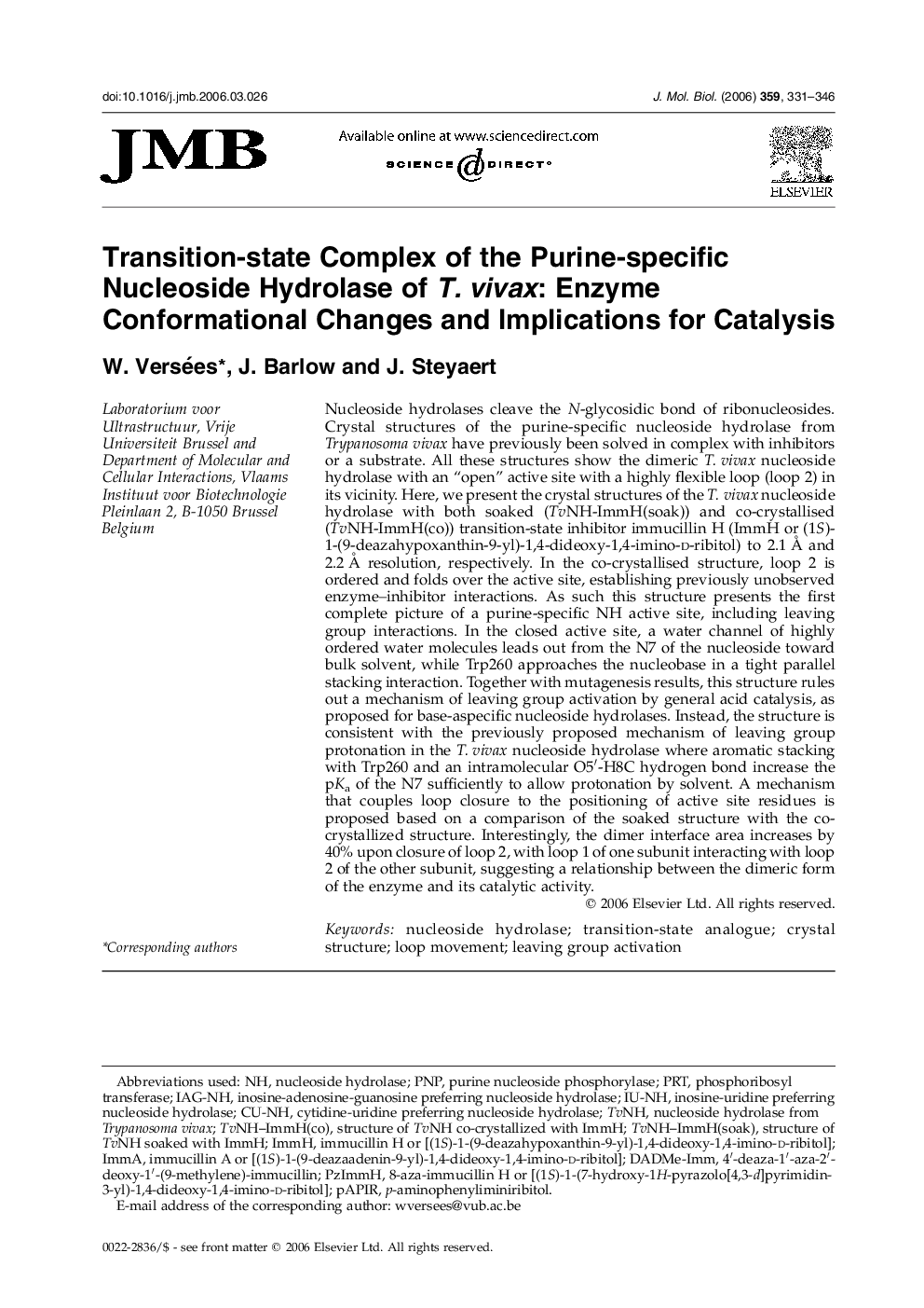 Transition-state Complex of the Purine-specific Nucleoside Hydrolase of T. vivax: Enzyme Conformational Changes and Implications for Catalysis