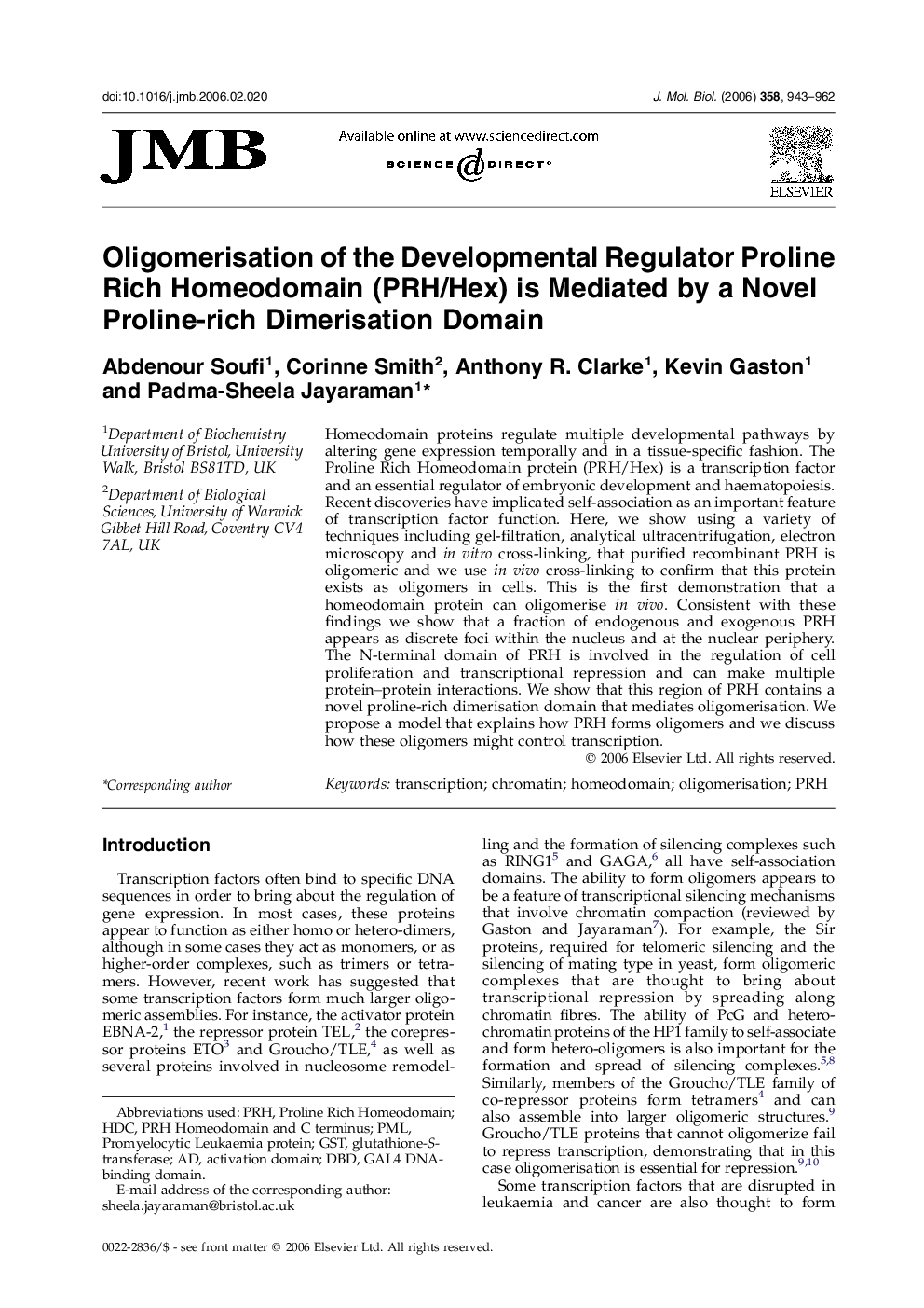 Oligomerisation of the Developmental Regulator Proline Rich Homeodomain (PRH/Hex) is Mediated by a Novel Proline-rich Dimerisation Domain