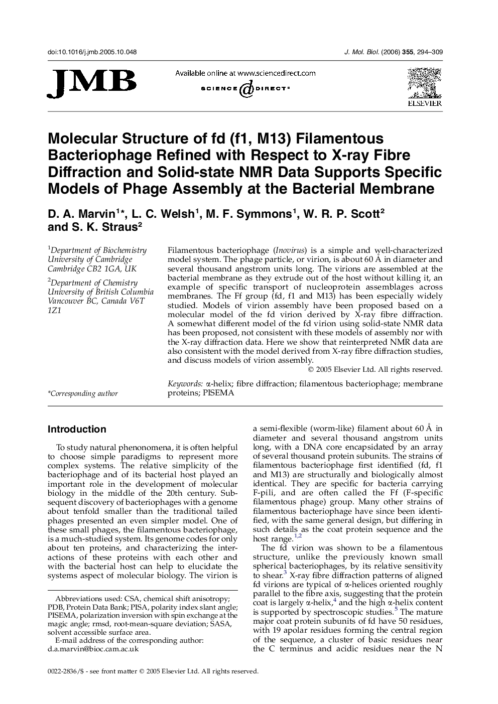 Molecular Structure of fd (f1, M13) Filamentous Bacteriophage Refined with Respect to X-ray Fibre Diffraction and Solid-state NMR Data Supports Specific Models of Phage Assembly at the Bacterial Membrane