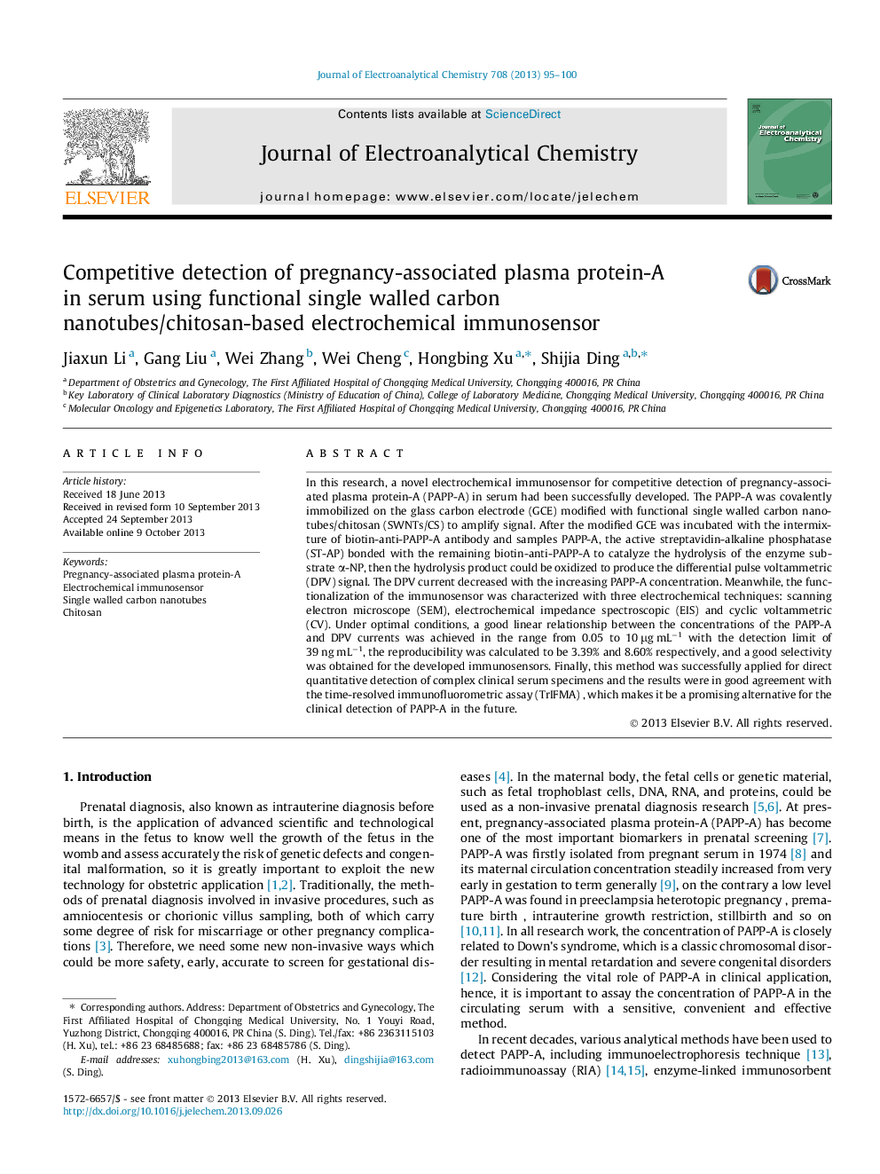 Competitive detection of pregnancy-associated plasma protein-A in serum using functional single walled carbon nanotubes/chitosan-based electrochemical immunosensor